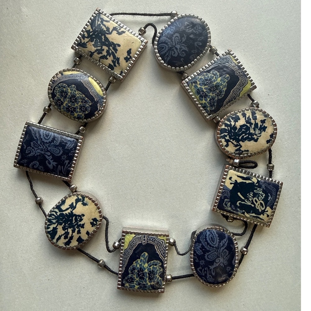 Viva Beads Blue White Polymer Clay Statement Bracelet Artisan OS Restring Needed